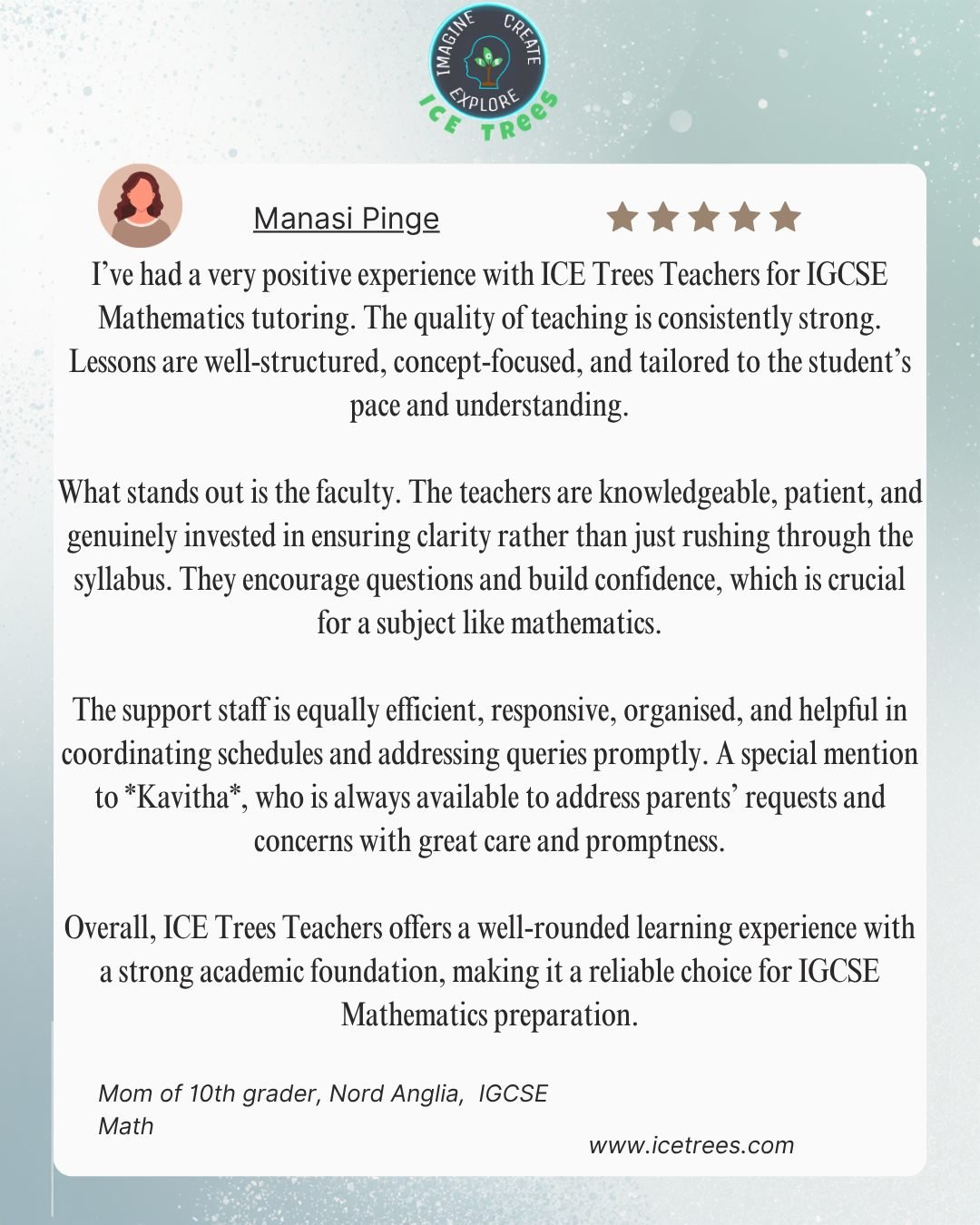 Manasi Pinge parent review for ICETREES