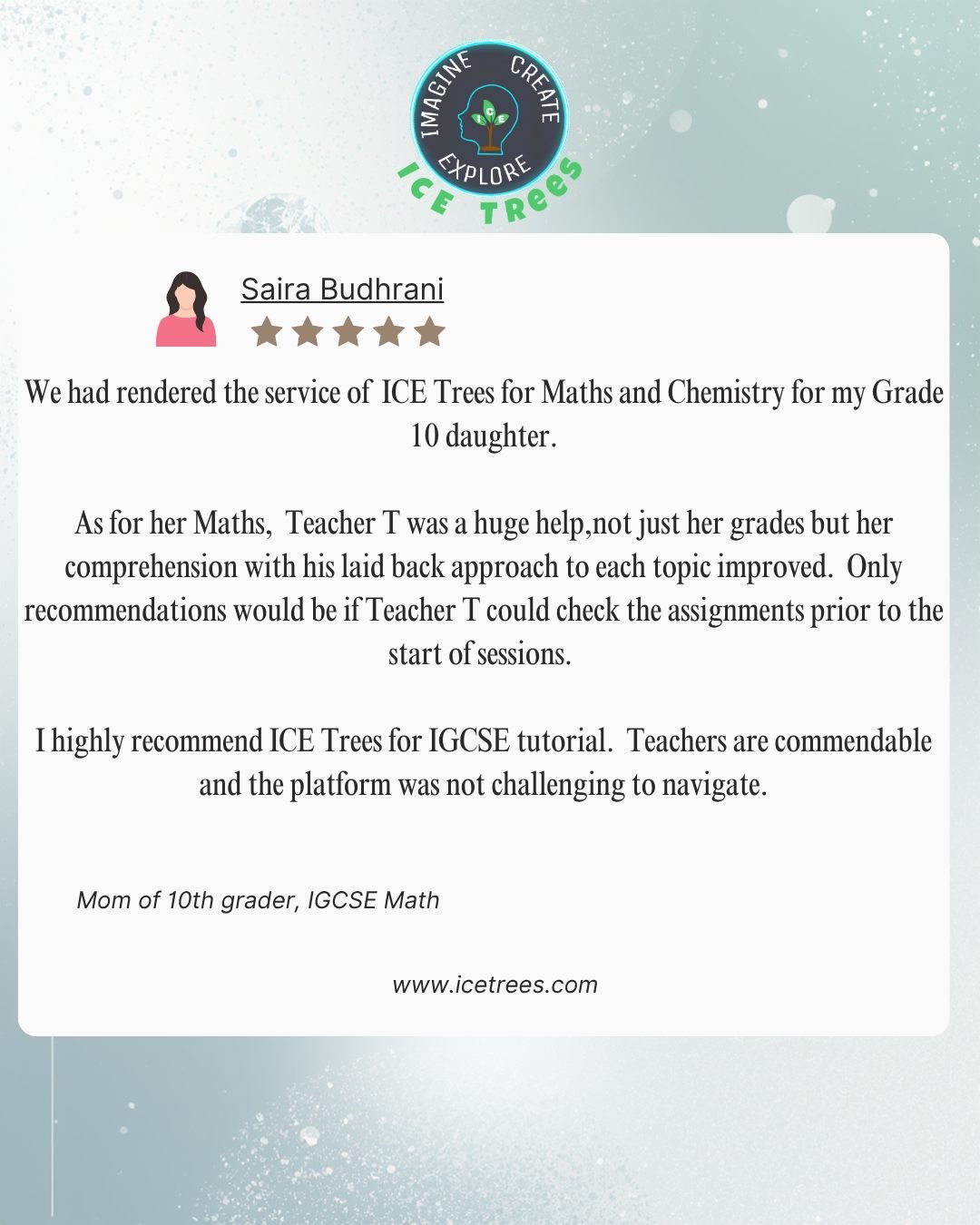 Saira Budhrani parent review for ICETREES