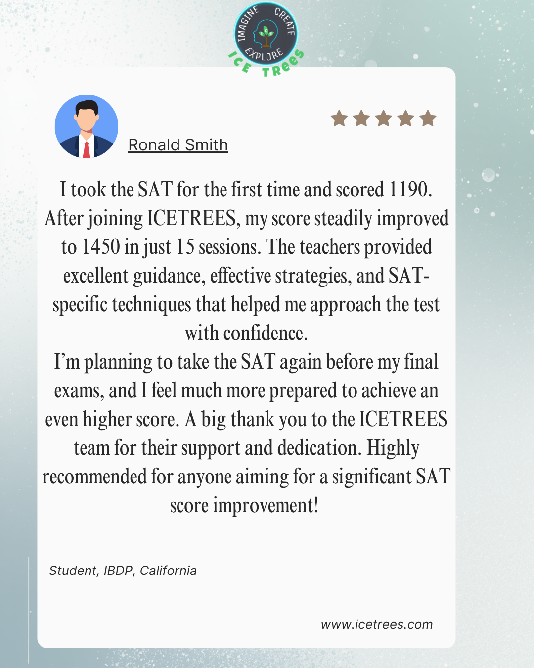 Ronald Smith SAT score improvement student review for ICETREES