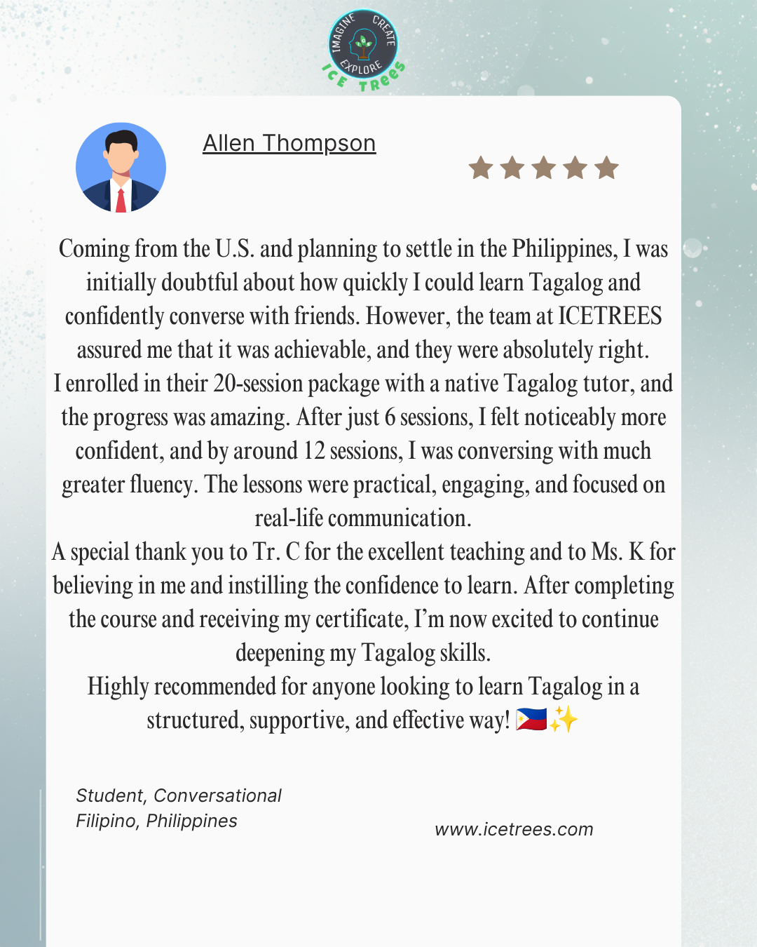 Allen Thompson Tagalog language student review for ICETREES